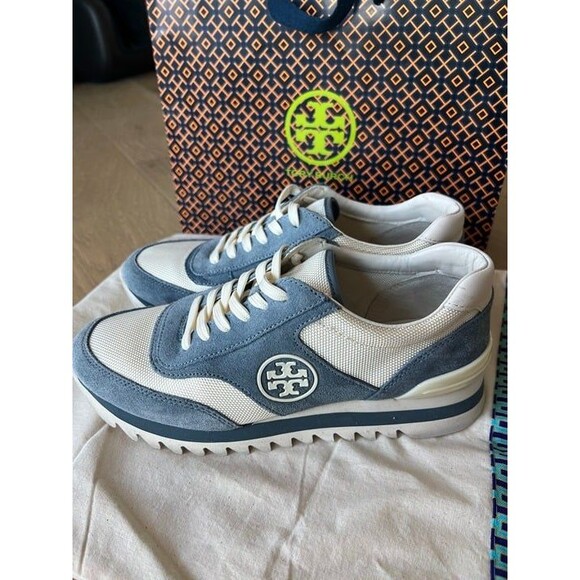 Tory Burch Sawtooth Logo Ivory Blue Low Top Sneaker Trainer Shoes 7.5 - Picture 2 of 10